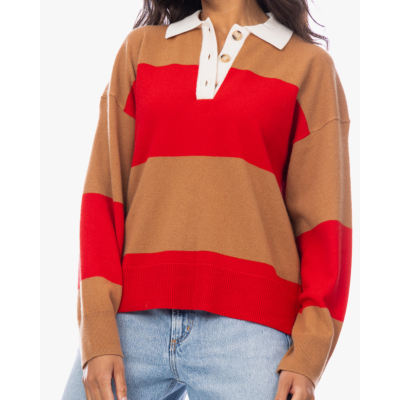 Xírena Braxton Wollen Polo Sweater Gestreept Rood Bruin