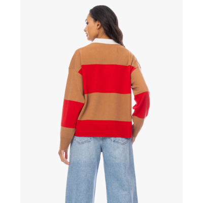 Xírena Braxton Wollen Polo Sweater Gestreept Rood Bruin