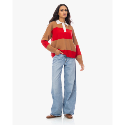 Xírena Braxton Wollen Polo Sweater Gestreept Rood Bruin