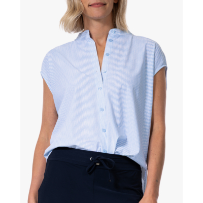 Japan TKY Tokiko Dessin Travel Blouse Cashmere Blue Stripe