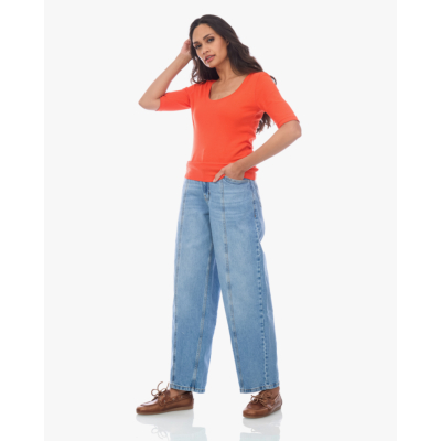 Closed Rib T-shirt met Lage Hals Coral Red