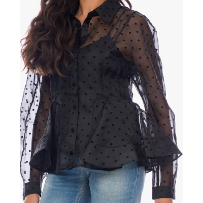 Ganni Transparante Polkadot Peplum Blouse met onderhempd Zwart