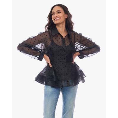 Ganni Transparante Polkadot Peplum Blouse met onderhempd Zwart