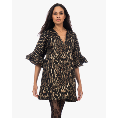 Ganni Metallic Cloque Mini Ruffle Dress Gold Black