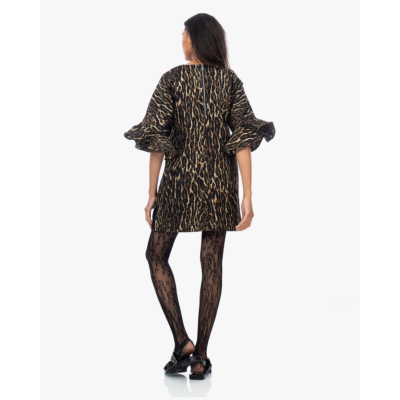 Ganni Metallic Cloque Mini Ruffle Dress Gold Black