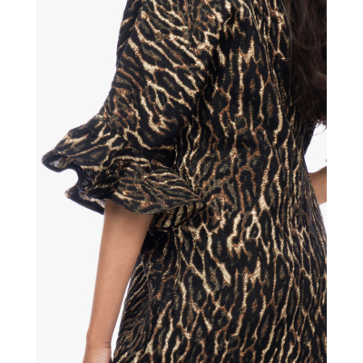 Ganni Metallic Cloque Mini Ruffle Dress Gold Black