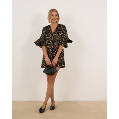 Ganni Metallic Cloque Mini Ruffle Dress Gold Black