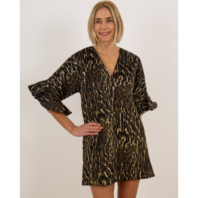 Ganni Metallic Cloque Mini Ruffle Dress Gold Black