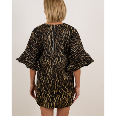 Ganni Metallic Cloque Mini Ruffle Dress Gold Black