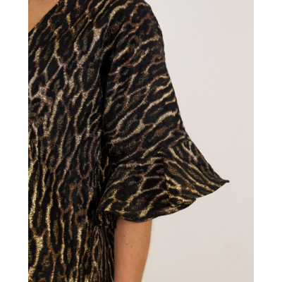 Ganni Metallic Cloque Mini Ruffle Dress Gold Black