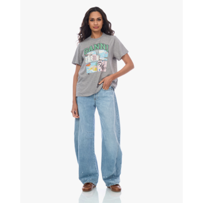 Ganni Strip Cartoon Design T-Shirt Grijs