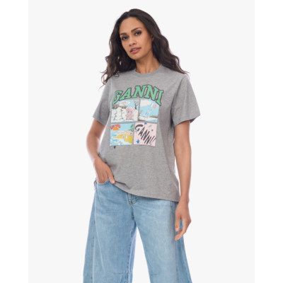 Ganni Strip Cartoon Design T-Shirt Grijs