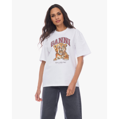 Ganni Beaded Tiger Graphic T-shirt Wit