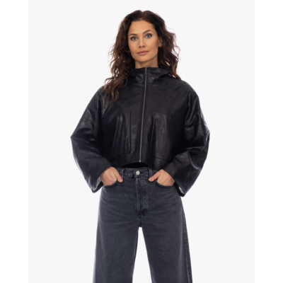 Drykorn Cropped Oversized Faux Leer Jack met Staande Kraag Zwart
