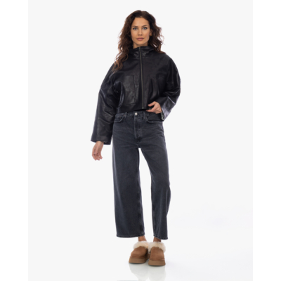 Drykorn Cropped Oversized Faux Leer Jack met Staande Kraag Zwart