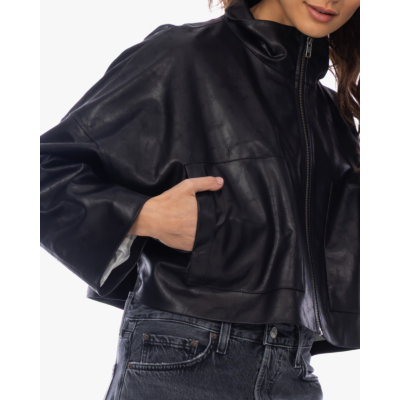 Drykorn Cropped Oversized Faux Leer Jack met Staande Kraag Zwart