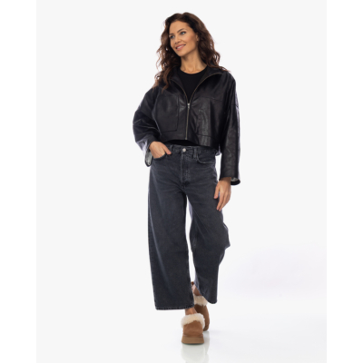 Drykorn Cropped Oversized Faux Leer Jack met Staande Kraag Zwart
