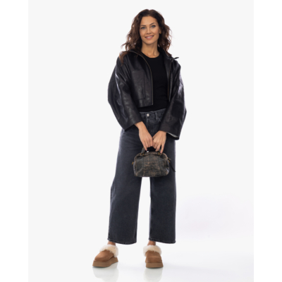 Drykorn Cropped Oversized Faux Leer Jack met Staande Kraag Zwart